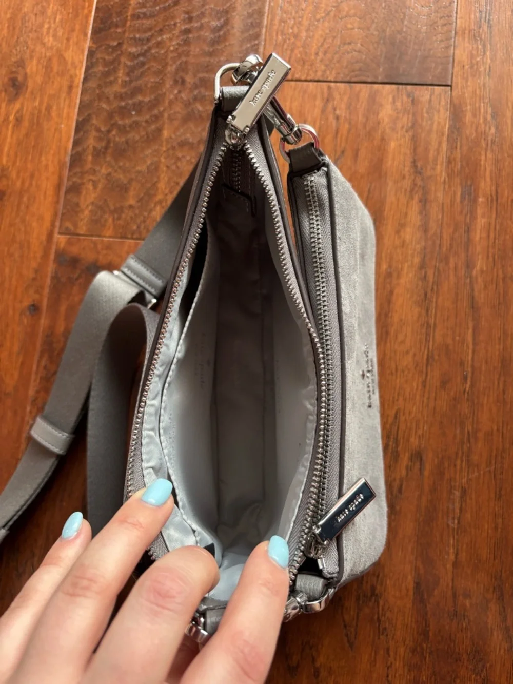 Kate Spade Duet Suede Small Crossbody | Hare Grey | Style KM147
